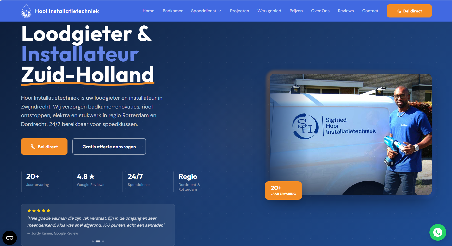 Screenshot van de opgeleverde website voor Sigfried Hooi Installatietechniek — hero sectie met loodgieter en installateur Zuid-Holland